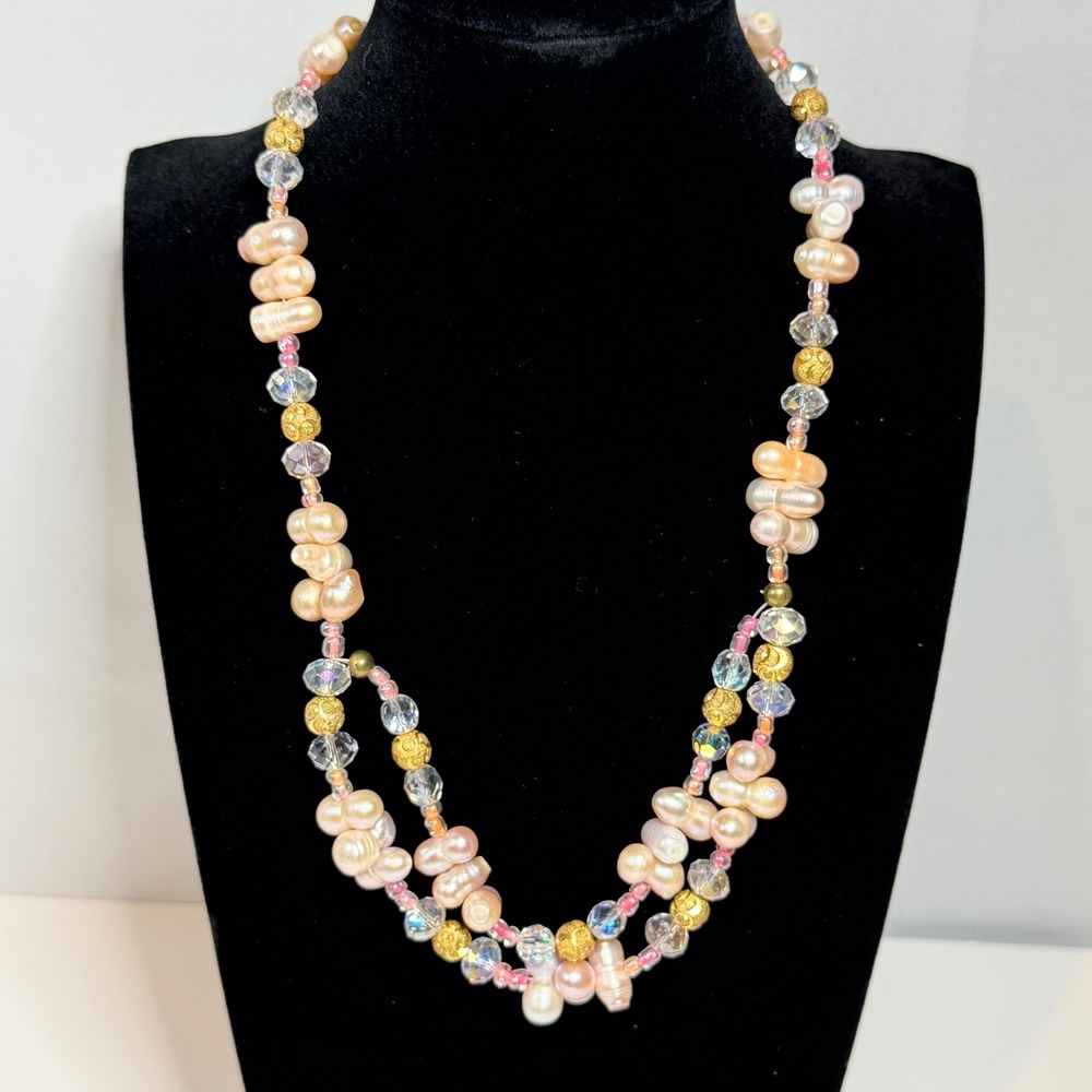 Honora Freshwater Baroque Pearl Crystal Beaded Double Strand Necklace Gold Tone
